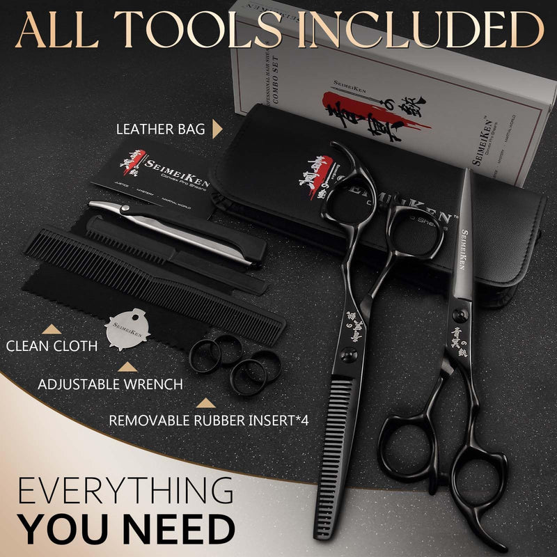 6.0 Inch Black Professional Hair Cutting Scissors and Thinning Shears Kit - 6” SUS440A Stainless Steel Hair Shears, Barber Scissors - Hair Cutting Kit for Salon & Home Use
