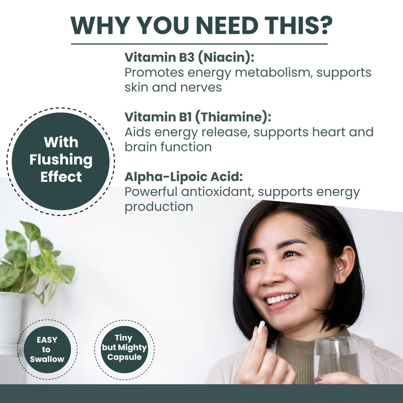 Niacin Supplements with Flush Effect, B3 Vitamin Supplement, Nicotinic Acid, B1 Thiamine, ALA, 120 Capsules, Cognitive Function, Cholesterol, Heart & Energy, 50mg Active Form (niacinamide alternative) Niacin B3 Complex 120 count (Pack of 1)