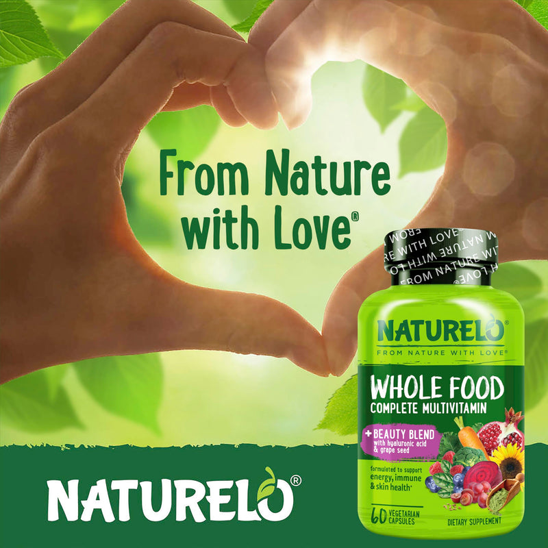 NATURELO Whole Food Multivitamin with Extra Hair, Skin & Nails Support - Beauty Blend with Hyaluronic Acid & Grape Seed - High Potency Biotin, Vitamin C, & Glutathione, 60 Vegan Capsules (Pack of 2) Unflavored 60 Count (Pack of 2)