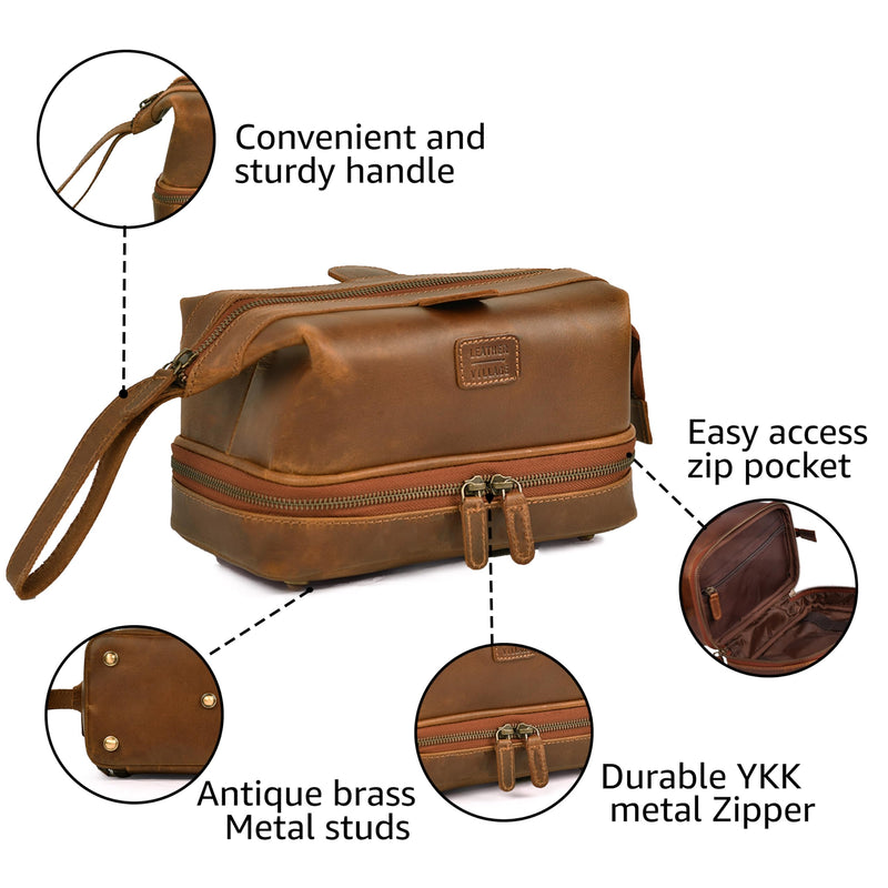 LEATHER VILLAGE Leather Toiletry Bag for Men, Travel Dopp Kit Shaving Bag | Full grain buffalo leather, two zip compartments, 9.6x5.5x5.1 in, YKK zippers, water-resistant lining, shaving kit- Tan Sun Tan