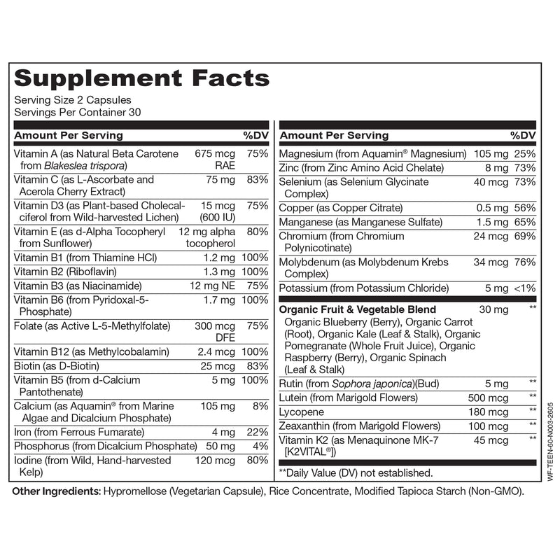NATURELO Multivitamins for Teenage Girls/Boys, 60 Capsules, Whole Food Multivitamin with Minerals, Non-GMO, Vegetarian 60 Count (Pack of 1)