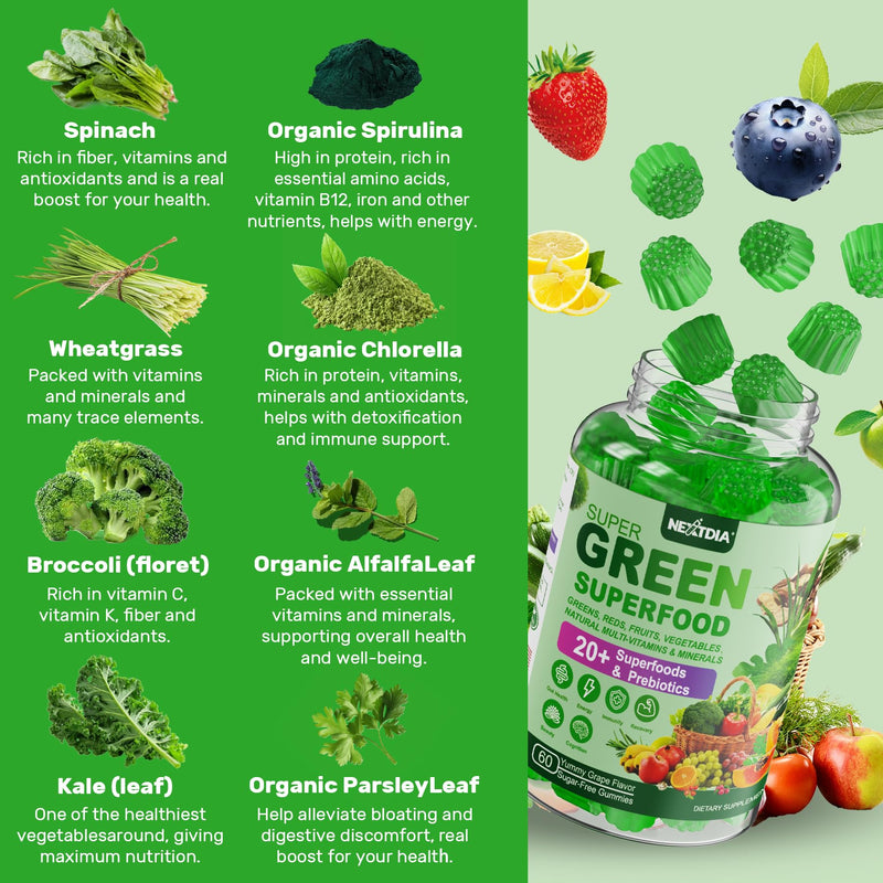 [Australia] - Super Greens Gummies, Greens Superfood Powder Alternative w/Spirulina, Chlorella, Prebiotic Fiber, Probiotic, Fruit Veggie, Daily Fruit Vegetable for Digestive & Gut Health, Immunity, Focus, 120 Cts 60 Count (Pack of 2) 