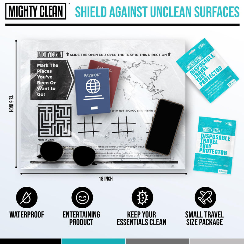 [Australia] - 15 Disposable Travel Tray Protectors by Mighty Clean │ Airplane Travel Essentials for Toddler, Kids, and Adults │ Must Have for Flying │ Provides a Clean Surface and Entertainment │ 15 Pack 