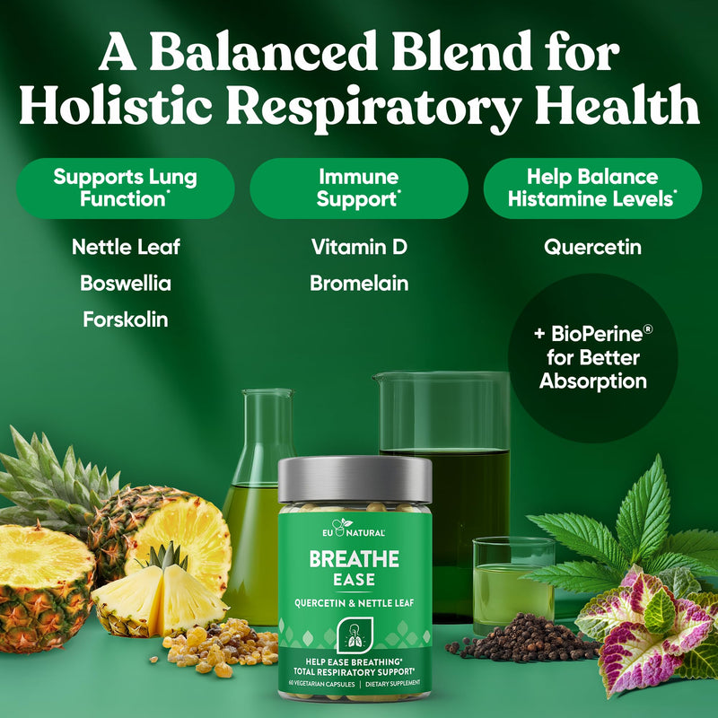 Breathe Inhaler Support Supplement - Sinus, Lungs, Open & Clear Airways - Seasonal Nasal Health, Bronchial Wellness, Healthy Chest - Quercetin, Vitamin D, Bromelain Pills - 60 Vegetarian Soft Capsules 60 Count (Pack of 1)