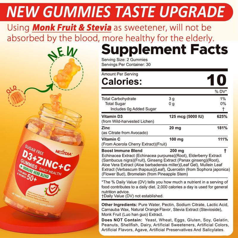 Vitamin C + D3 + Zinc Immune Support Gummies for Adults 50 Plus Elderberry | Vitamin C + D3 + Zinc Gummies for Adults 50 +, Sugar Free Immune Support Supplement w/ Elderberry, Echinacea, Quercetin,1Pack 60 Count (Pack of 2)