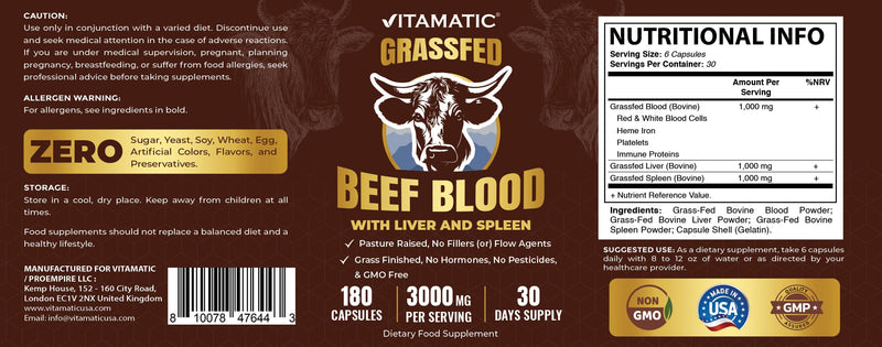 Vitamatic Grass Fed Beef Blood with Liver and Spleen - 180 Capsules - Freeze Dried & Non-GMO - Pasture Raised Glandular Supplement - Made in USA
