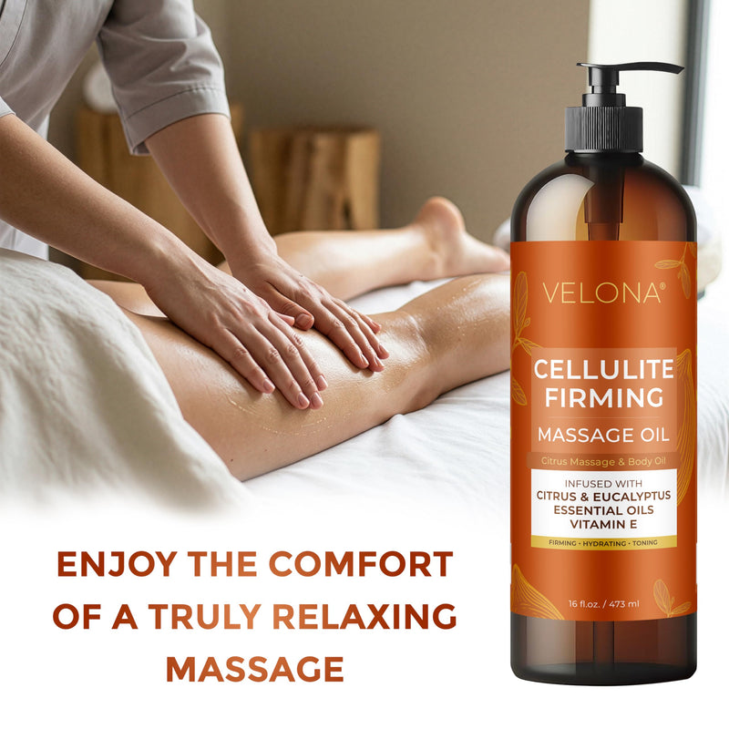 velona Cellulite Massage Oil – 16 Fl Oz | Vitamin E & Citrus Essential Oils | Massage Therapy for Legs & Body Oil | Moisturizing, Firming, Tightening, Smooth Skin | Professional Spa & Home Massage