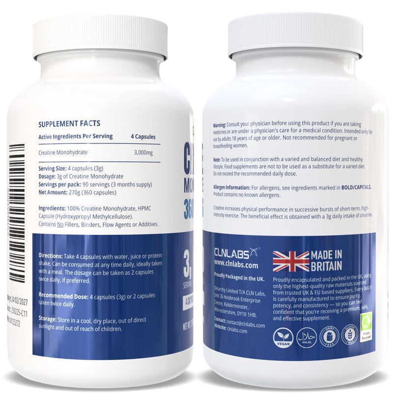 CLN Labs Creatine Monohydrate Capsules | 360 Capsules | 3000mg per Serving | 3 Months Supply | Easy Swallow Compared to Tablets | Unflavoured | Made in the UK