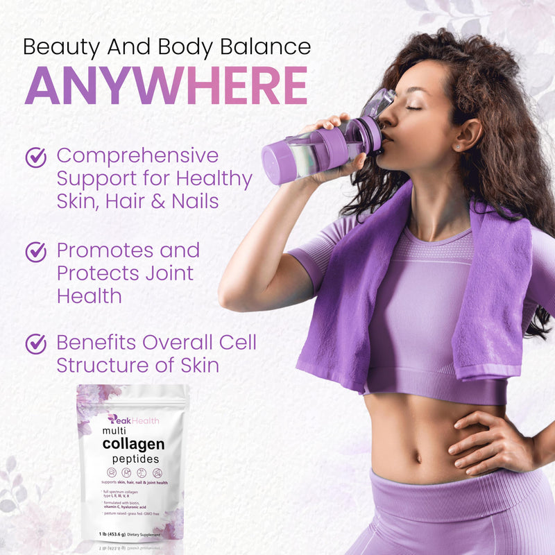 Peakhealth Multi Collagen Peptides Powder 1lb, Biotin, Hyaluronic Acid, Unflavored 1 Pound (Pack of 1)