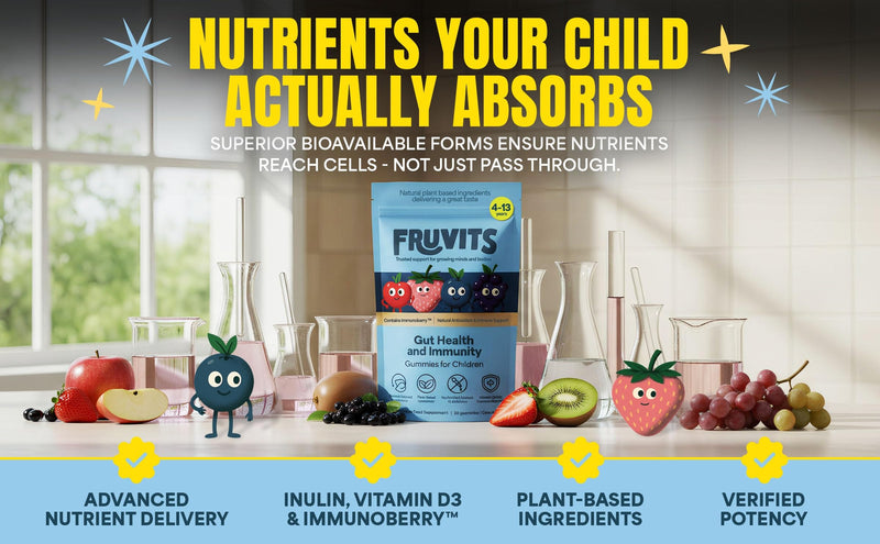 Kids Prebiotic Gummies – 1-a-Day, Sugar-Free – Gut Health & Immune Support with Inulin, Vitamin D3 & Immunoberry™ – Vegan, Allergen-Free – Blueberry Flavour – 30-Day Supply, Ages 4-13