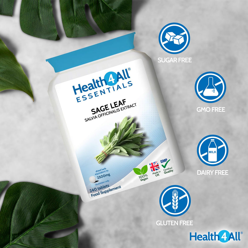 Health4All Sage Leaf 2500mg 240 Tablets 8 Months Supply, Essential Salvia Officinalis Water Extract for Menopause Support, High Strength Menopause Supplement One-a-Day Tablets | Made in UK