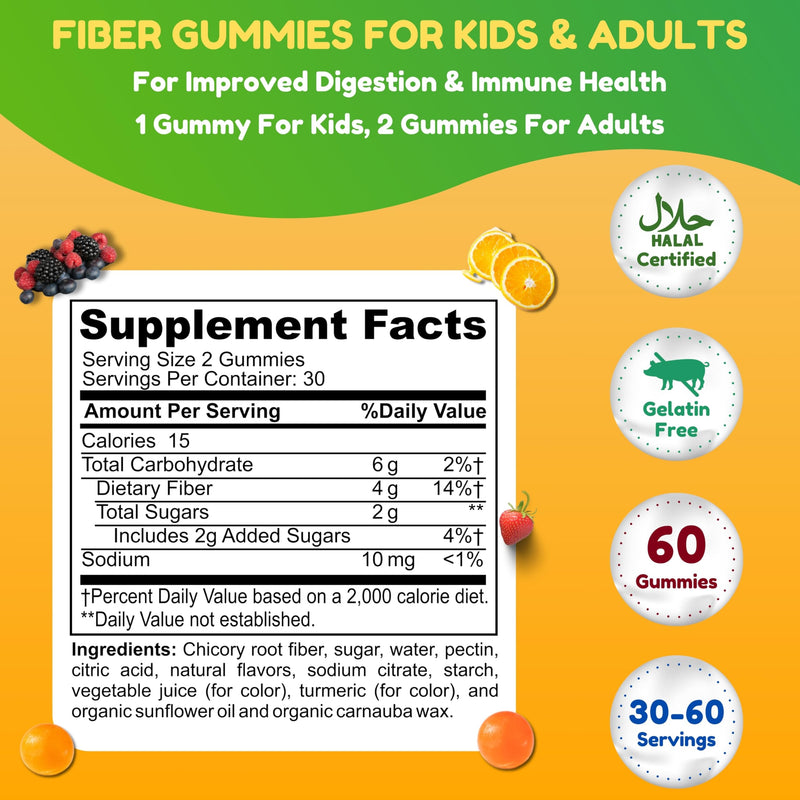 SHIFAA NUTRITION Halal & Gluten Free Fiber Gummies for Kids & Adults | 4g, 30-60 Servings | 60 Gummies | Improves Digestive Health, Immunity & Gut Health | Vegan Prebiotic | Non-GMO, Gelatin-Free