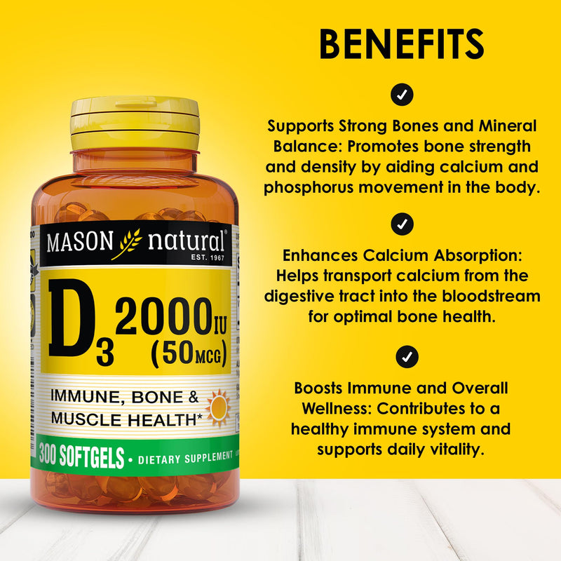 MASON NATURAL Vitamin D3 2000 IU Ultra Strength, 180 Day Supply | 50mcg (2000 IU) D3 from fish liver oil to support calcium absorption, strong bones, teeth & immune function; 180 softgels 60 Count (Pack of 3)