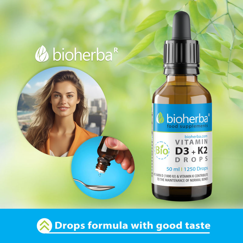 Vitamin D3 + K2 Drops by Bioherba | Vegan Liquid Supplement with No Additives 50 ml 50 ml (Pack of 1)