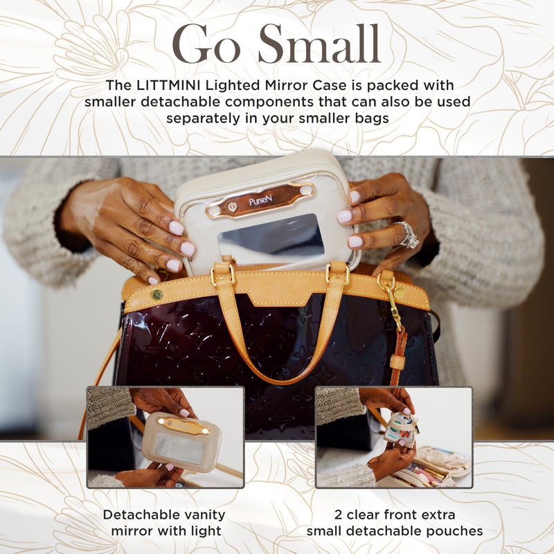 OFT 2024 LITTMINI Lighted Mirror Case - Small Makeup Bag with Detachable Mirror & Multiple Pouches for Organization - Vegan Leather, Mini Makeup Bag Ideal for Travel & Everyday Essentials (Nude) Nude