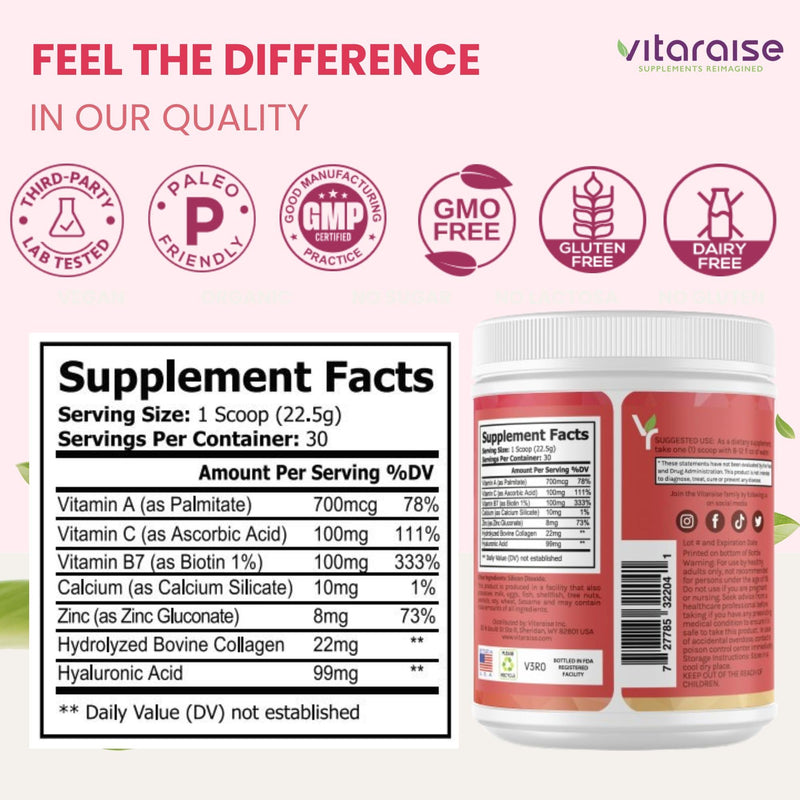 Hydrolyzed Collagen Powder, Grass Fed, Hair Skin Nails, 22g/Serving, 1.49lb | Type I & III, 3X Powerful Bovine Collagen Powder for Women & Men, Unflavored, Gluten Free, 30 servings, Hyaluronic Acid