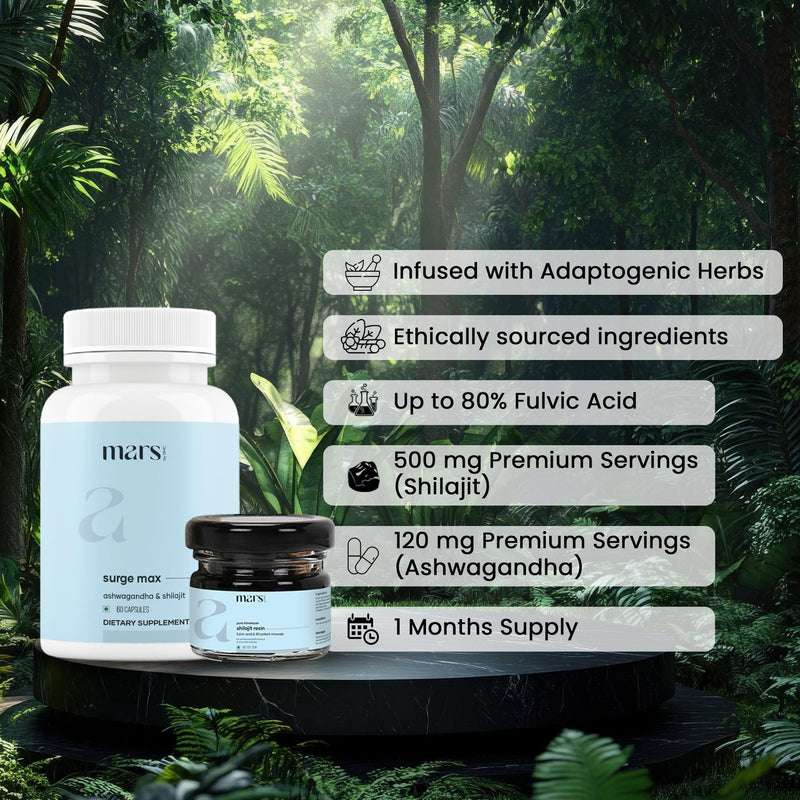 Mars by GHC Performance Combo | Surge Max 60 Capsules and Shilajit Resin 15g | Strength, Stamina & Vitality with Fulvic Acid | Pack of 1