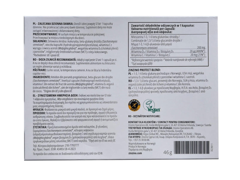Zinzino Protect+ – Beta Glucans with Vitamin D3 & Vitamin C – Supports Immune Function, Energy Metabolism & Cell Protection – 60 Vegan Capsules