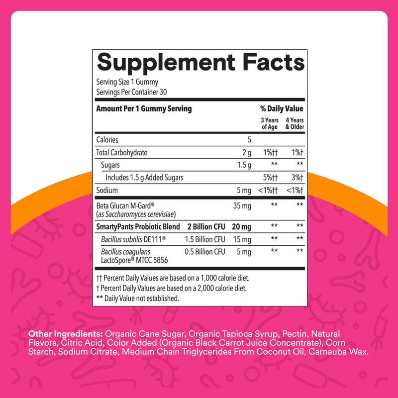 SmartyPants Kids Probiotic Gummies for Digestive Health: 2 Billion CFU Gut Health and Immune Support Supplement, Clinically Studied Probiotic, Gluten Free, Grape, 30 Count (30 Day Supply) 1 Count (Pack of 1) Grape Probiotic