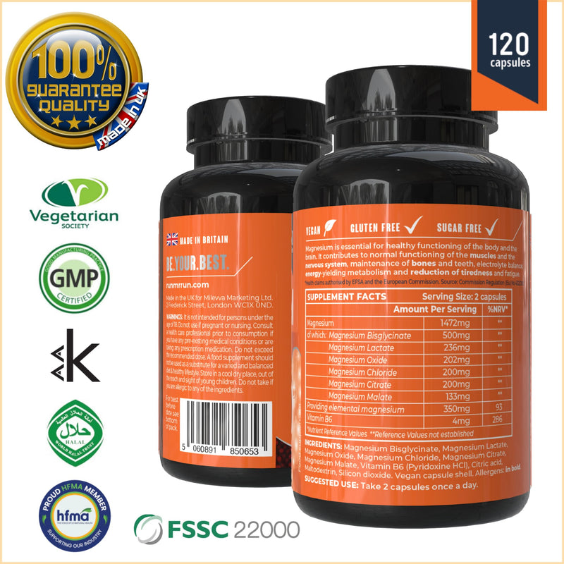 Magnesium Glycinate 6-in-1 Complex for Body & Brain | Magnesium Supplement Tablets with Citrate, Malate, Oxide, Chloride for Maximum Whole-Body Benefits | 120 Capsules, 2 Months' Supply