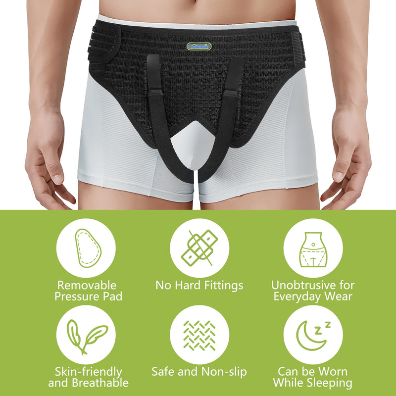 [Australia] - Hernia Belt for Men & Women,Immobilization Straps for Single/Double Inguinal or Sports Hernias,Pain Relief and Adjustable,with 4 Removable Compression Pads, Black, M 
