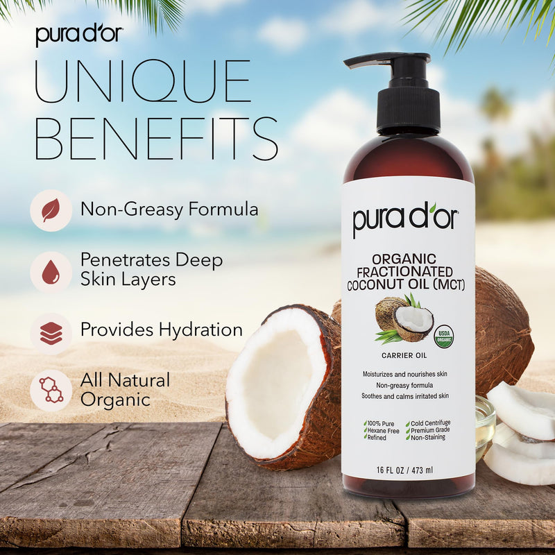 [Australia] - PURA D'OR 16 Oz ORGANIC Fractionated Coconut Oil - MCT Oil - 100% Pure & Natural USDA Certified Cold Pressed Carrier Oil - Unscented, Hexane Free Moisturizer For Face, Skin & Hair Tonic - Men & Women 