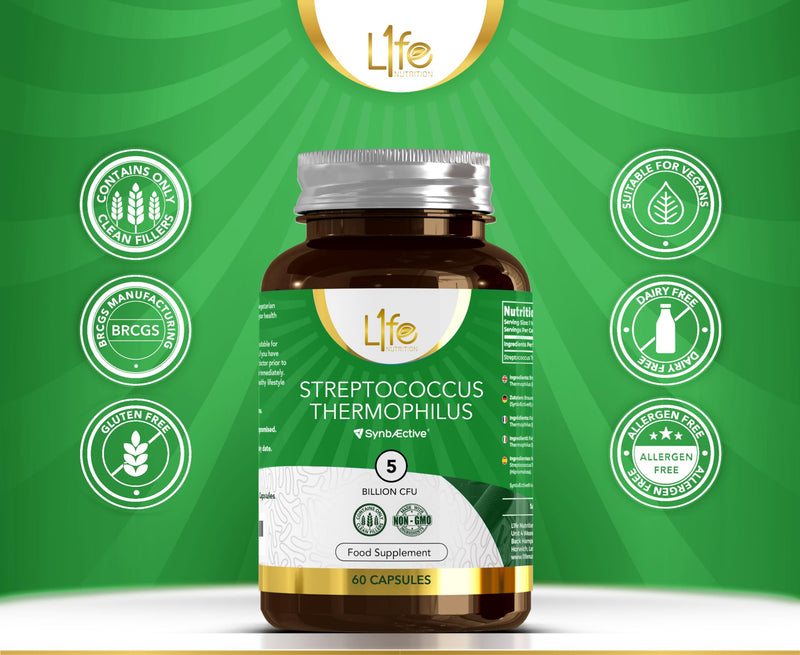 LN Streptococcus Thermophilus | 90 High Strenth Probiotics - 5 Billion CFU S-Thermophilus per Capsule | Bacterial Cultures Prebiotic Supplement | Non-GMO, Gluten & Allergen Free | Made in the UK