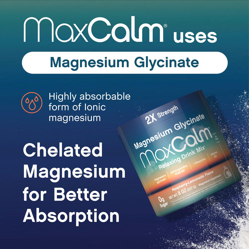Relaxing Drink Mix | Raspberry-Lemonade Flavor | Magnesium Glycinate, KSM-66 Ashwagandha, L-Theanine & Vitamin D3 | MaxCalm | Gluten-Free, Vegan | 8 Ounce Powder