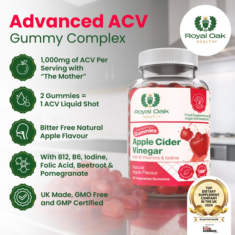 Apple Cider Vinegar 1,000mg ACV Gummies with Vitamin B6, B12, Folic Acid & Iodine | Energy & Metabolism Support | UK Made by Royal Oak Health Apple Cider Gummies