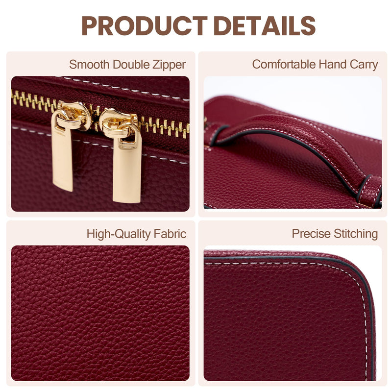 PU Leather Travel Makeup Bag Hard Cosmetic Organizer Vanity Case for Women | Water-resistant exterior wipes clean instantly. Sturdy box structure protects delicate cosmetics and glass skincare bottles Burgundy