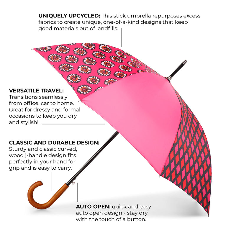 Totes Auto Open Water Repellent Stick Umbrella with Classic Wood J Hook Handle