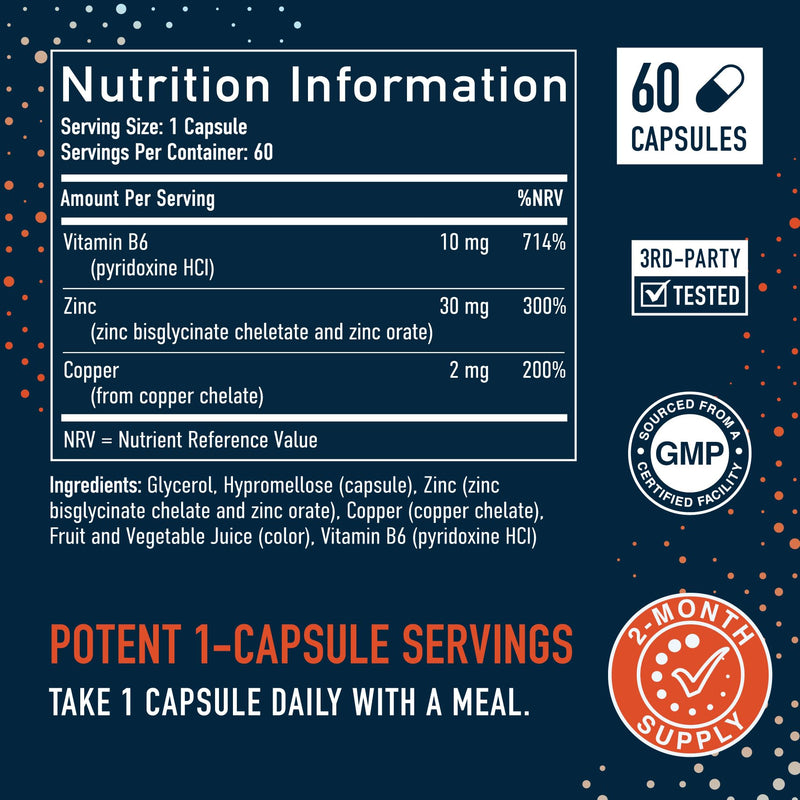 Zinc 30mg Microbeadlets with Copper | Highly Absorbable Zinc Bisglycinate & Orotate with 2mg Chelated Copper + Vitamin B6 | Vegan, Gluten-Free | Acne Support Supplements | 60 Capsules Beadlets