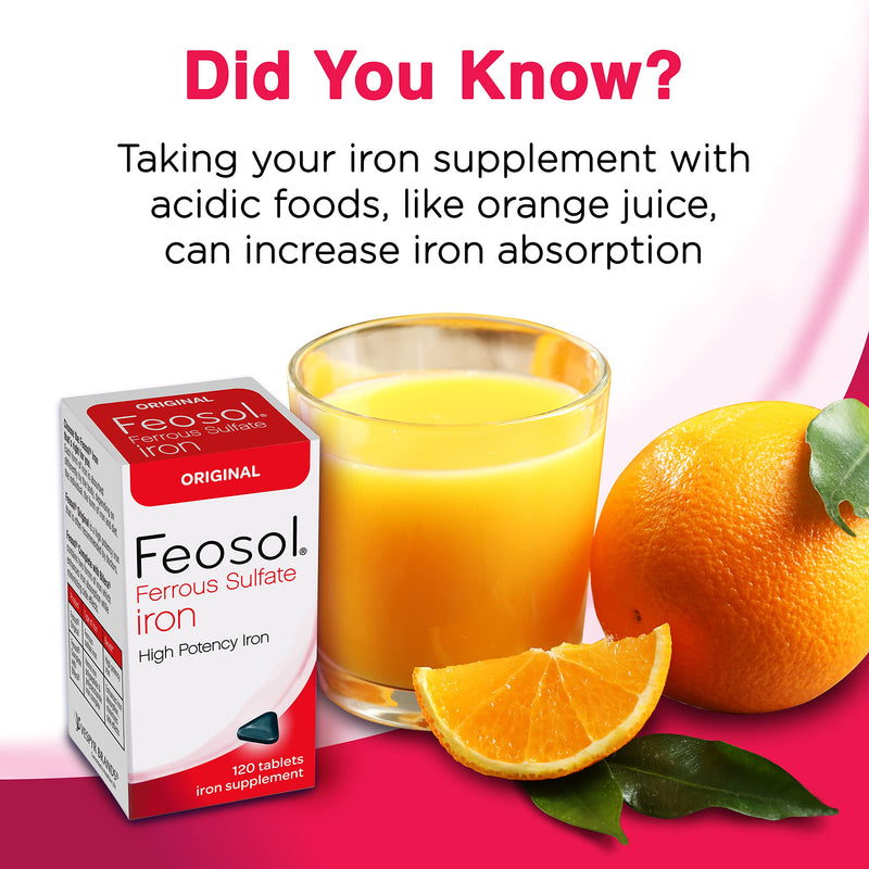[Australia] - Feosol Original Iron Supplement Tablets, Non-heme, 325mg Ferrous Sulfate (65mg Elemental Iron) per Iron Pill, 1 Per Day, 120ct, 4 Month Supply, for Energy and Immune System Support, Made in USA 