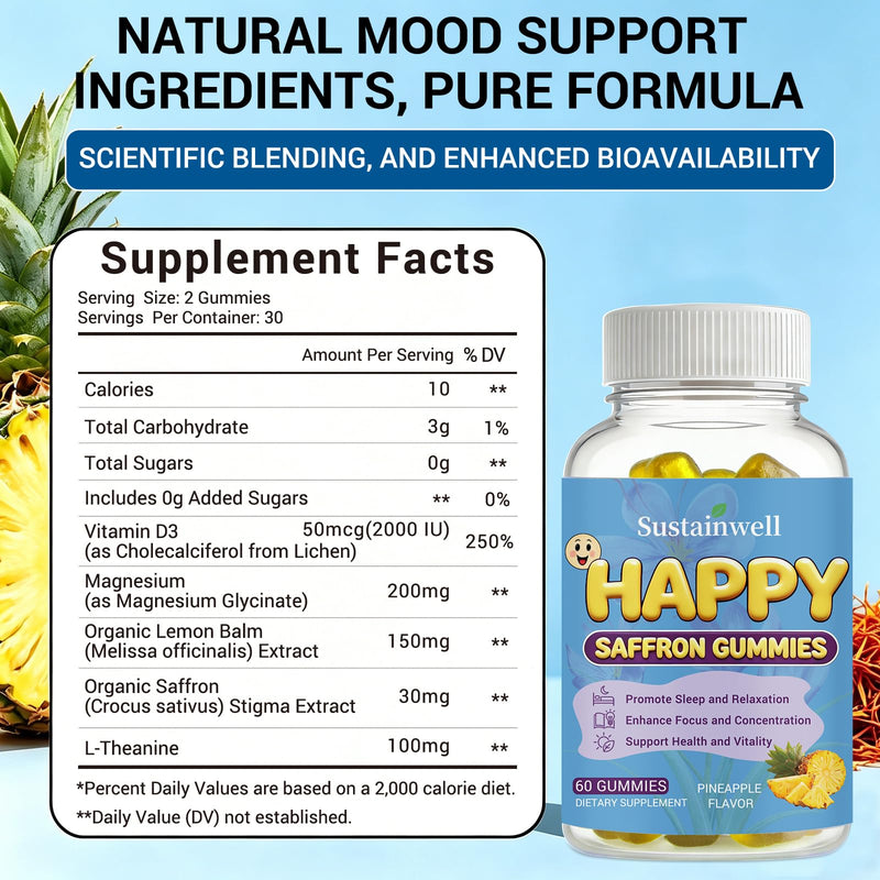 Happy Saffron Gummies for Kids & Adults Organic Saffron Extract with Magnesium Glycinate Vitamin D3 L-Theanine, Calm Mood, Sleep Support, Focus & Vitality Sugar Free, Vegan Pineapple Flavor, 60 Counts
