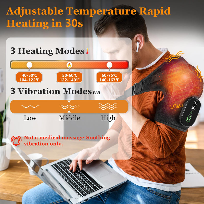 Cordless Shoulder Heating Pad & Massager, Electric Heated Shoulder Brace Wrap, Heating Pads for Rotator Cuff and Frozen Pain Relief,5000mAh Chargeable Powered, Men & Women(Black)