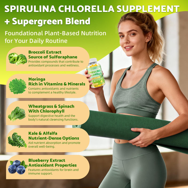 Spirulina Chlorella Gummies, Support Energy, Immune System & Antioxidant | Super Greens Blend with Protein, Chlorophyll, Vitamin C, D3, B12, Zinc, Pineapple Flavor, 60 Count 60 Count (Pack of 1)