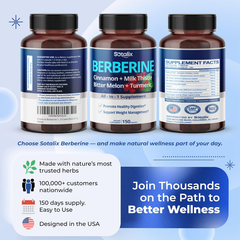 [Australia] - Premium Berberine Supplement with Ceylon Cinnamon, Bitter Melon, Milk Thistle - 150 Day Supply (150 Count (Pack of 1)) 