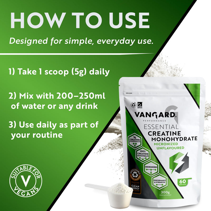 Creatine Monohydrate - 100% Pure Micronised Creatine Powder for Strength, Power & Muscle Growth Supplement, Unflavoured, Vegan & Easy-Mix (300g - 60 Servings)