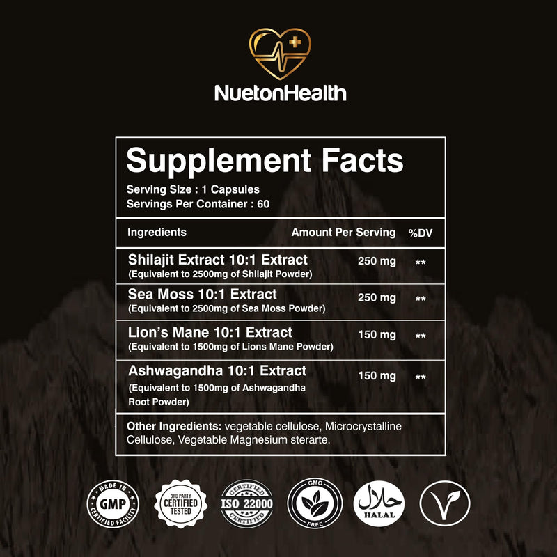 Shilajit, Sea Moss, Lion's Mane, and Ashwagandha Capsules - Comprehensive All-in-One Wellness Supplement for Mind, Body, and Vitality - 60 Vegan Capsules Primal Boost 60 count (Pack of 1)
