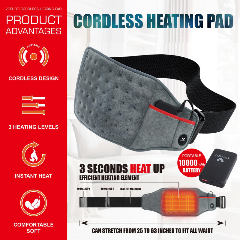 Vofuoti Portable Cordless Heating Pad with 10000mAh Battery | 3 Heat Settings, Rechargeable Electric Battery Operated Heat Pad for Back,Abdomen,Neck,Shoulders,Outdoor, Gift for Women Men Gray 8"x22"