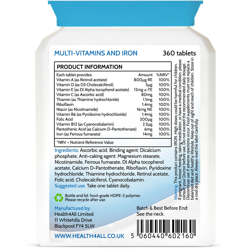 Health4All Multivitamins & Iron 360 Easy to Swallow Tablets, One a Day 1 Year Supply with 100% RDA of Vitamins | Supports Immune System and Overall Health of Men & Women | Made in UK 360 count (Pack of 1)