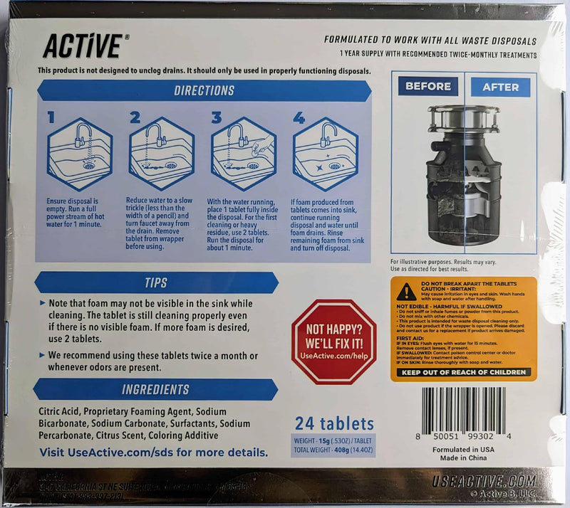 Garbage Disposal Cleaner Deodorizer Tablets - 24 Pack, New Powerful XL Foaming Tablet - Fresh Citrus Foam Sink Garburator Disposer Freshener, Natural Kitchen Drain Cleaning Care - 1 Year Supply