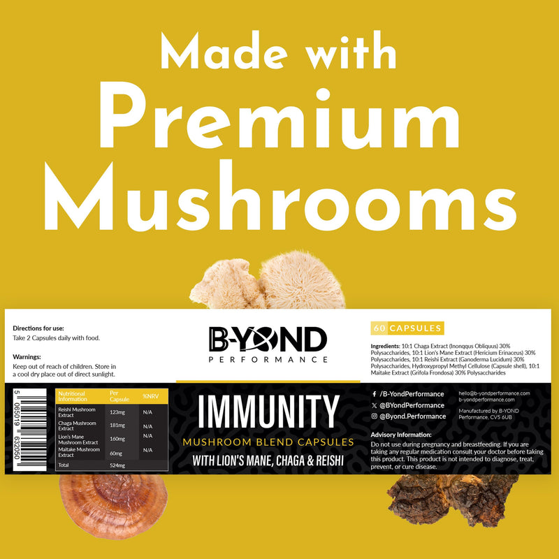 Mushroom Complex Supplements for Immune Support - Premium Lion’s Mane Mushroom Supplement Capsules with Chaga, Maitake & Reishi Mushroom - Supplement for Women & Men by B-Yond Performance, 60 Capsules