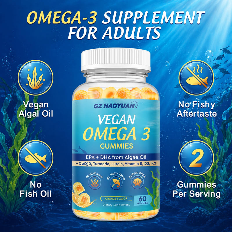 Vegan Omega 3 Gummies 1200mg for Adults Marine Algae Omega 3 Supplement EPA 600mg DHA 400mg, Vitamin D3, K2, No Fish Taste, for Brain, Eye, Immune Health, Sugar Free, 120 Cts Orange 60 Count (Pack of 2)