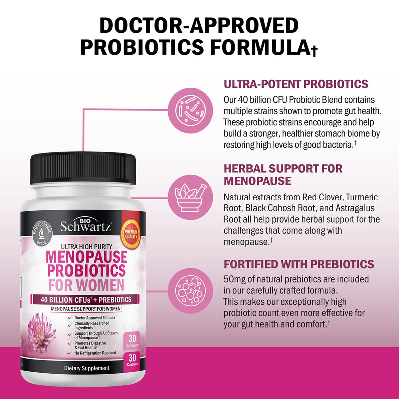 [Australia] - Menopause Supplements for Women - 40 Billion CFU Menopause Probiotics for Women - Support for Hot Flashes Night Sweats Mood Swings and Balance - Non-GMO, 30 Easy-Swallow Capsules, 30 Servings 30 Count (Pack of 1) 