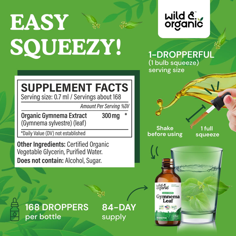 [Australia] - Wild & Organic Gymnema Sylvestre Extract Drops - Sugar-Free Gymnema Sylvestre Supplements - Gurmar Powder Based Tincture - Vegan, Alcohol-Free Leaf Liquid Drops - 4 fl oz 4 Fl Oz (Pack of 1) 