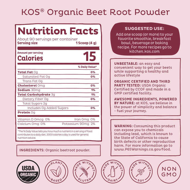 [Australia] - KOS Organic Beet Root Powder - USDA Certified, Non-GMO, Gluten & Soy Free - 90 Servings Beetroot Powder 