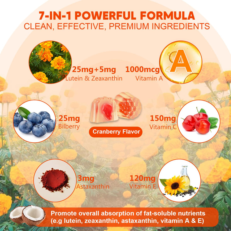 [Australia] - Sugar-Free Lutein Zeaxanthin Supplements Gummies (25mg) Vitamins A, C, E, Bilberry, Astaxanthin - with Coconut Oil for Better Absorption - for Adults Vision, Eye, Brain, Skin Health - Vegan, 60 Count 