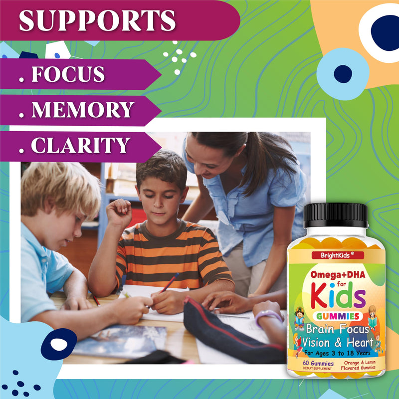 BrightKids Omega DHA Gummies for Kids & Teen, Children's DHA, Vegan Omega 3 Supplement, Brain Supplements with Vegan Omega 3 DHA - (60 Gummies)