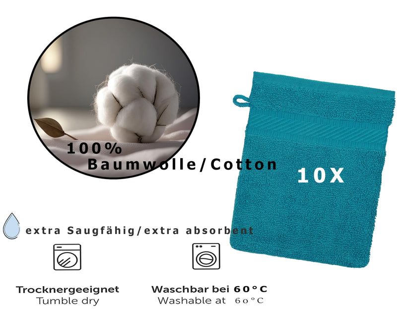 [Australia] - Betz Pack of 10 Washing Gloves Terry Cloth Washing Gloves Palermo 100% Cotton Washcloth Set Size 16 x 21 cm (Petrol) 10x Washing Gloves Petrol 